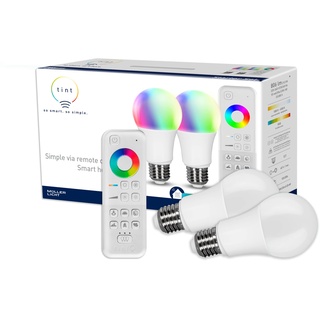 tint 2er-Set Smarte LED-Birnen E27 + Fernbedienung – Steuerbar per Alexa oder Fernbedienung – Dimmbare E27 Glühbirnen mit weißem (1800-6500 K) und farbigem Licht RGB, 9,5 W