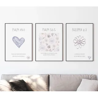 timalo SALT-AND-LIGHT® Christliche Wandbilder Bibelverse Deutsch Poster 3 Stück im 3er Set Wanddeko Wohnzimmer Deko Schlafzimmer | Psalmen Mädchen | A3