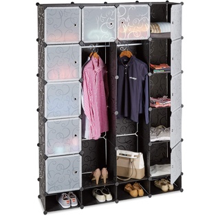 Relaxdays Kleiderschrank Stecksystem mit 18 Fächern, Kunststoff, XXL Garderobenschrank m. Muster, 145 x 200 cm, schwarz