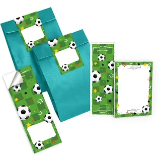 Junapack 12 Lesezeichen + 12 Mini-Notizblöcke + 12 Geschenktüten (Petrol) + 12 Aufkleber Fussball Fußball Mitgebsel Gastgeschenk beim Kindergeburtstag Jungen