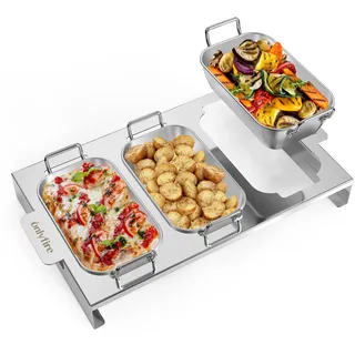 Onlyfire 3er Set Edelstahl Grillpfännchen mit Griff & Ständer für Gasgrill | BBQ Grillschalen für Gemüse, Fleisch, Schrimps, Käse und Brot, Trennung von Speisen