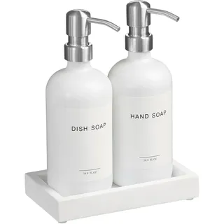 Seifenspender aus Glas mit Pumpe und Betonschale | Vintage Seifenspender Bad und Küche Set mit Spülseife, Handseife, Lotion wasserdichte Etiketten (Weiß Silber/Weiß Tary)