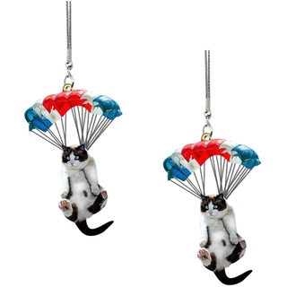 Sanshao Katzenauto hängendes Acryl-Ornament Schlüsselbund Katze mit Fallschirm,Cat Car Ornamente für Rückspiegel und Schultasche,Car Hanging Ornament Geschenk für Freund&Liebhaber (2pcs)