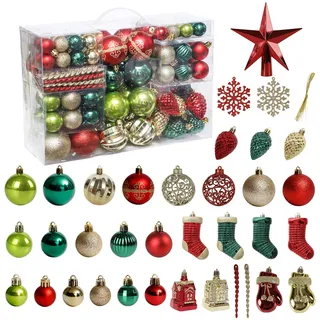 Weihnachtsbaumschmuck, 132-teiliges Weihnachtsbaumschmuck-Set, rot, grün, Gold, Weihnachtskugel, bruchsicher, hängend, Baumschmuck, Sortimentsset
