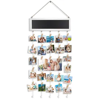 Fotovorhang mit 30 Holzklammern, DIY Fotowand Collage & Bilderrahmen mit Schnur, Fotoseil, fotoleine mit klammern, Kreative Fotoseil Dekoration für Erinnerungen, Fotos & Wandkunst in Weiß