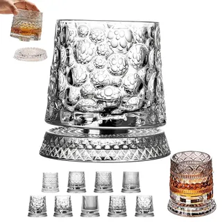 Generisch Spinning Crystal Whiskey Glasses, Rotating Whiskey Glass with 360° Spinning Base, Heavy Old Fashioned Crystal Tumbler for Bourbon, Scotch, Rum, Cocktail Gift for Men (Style G)