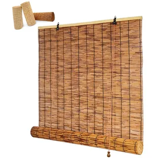 Bambus Rollo Jalousine Natür Bambusrollo Wetterfest Mit Lifter Retro Schilf Vorhang 90 100 120 150 cm Breit Sonnenschutz Sichtschutz Rollo Anti-UV Bambus Rollo Outdoor Raffrollo Mit Hakenaufhängung (