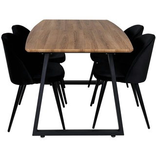 IncaNABL Essgruppe Esstisch Ausziehbarer Tisch Länge cm 160 / 200 El Holz dekor und 4 Velvet Esszimmerstühle Velour schwarz.