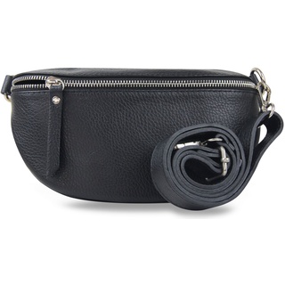 Frentree Umhängetasche Damen Echtleder, Made in Italy, Crossbody Tasche Schultertasche mit, silbernem Reißverschluss, Größe Midi schwarz