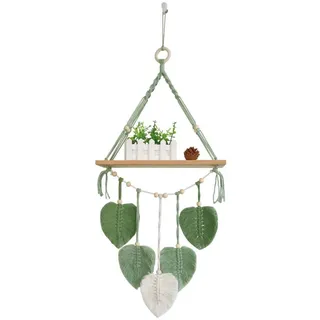 Wanddeko Wandregal Holz Regal Makramee Regal Boho Deko Handgewebte Natürliches Treibholz Hängeregal Schweberegal Für Wohnzimmer Schlafzimmer Badezimmer Schwebende Pflanze (Grün, 39*90 CM)