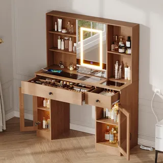 Zstar Schminktisch mit Spiegel & LED Beleuchtung Beleuchteter Frisiertisch mit 3-Farben-LED, Schiebespiegel, kratzfester Glasplatte, Schubladen, Regenbogen-Glasvitrinen, USB/AC-Steckdosen, MDF