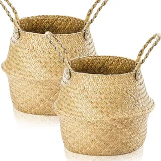 Lighterday 2 Stück Seegras Aufbewahrungskorb,Seegras Blumentopf Geflochten Übertopf Korb Wäschekorb Geflochten Pflanzkorb Geflochtener Korb für Decken Pflanze Spielzeug Lagerung (XXL 38×34cm)