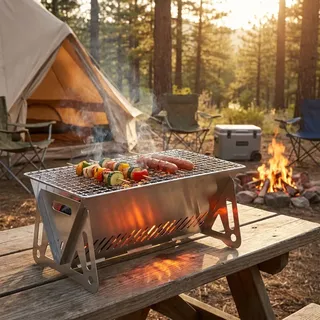 Mobiler Mini Holzkohlegrill aus Edelstahl, kompakter Campinggrill 28x15 cm, klappbarer Picknickgrill steckbar, inkl. Tragetasche für Outdoor