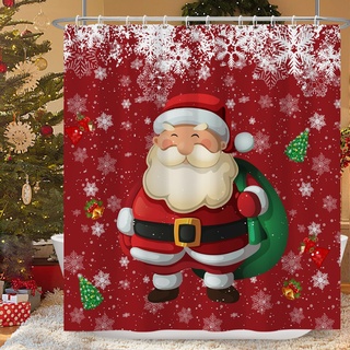 MIRRORANG Weihnachts Duschvorhang, rote Weihnachtsmann Schneeflocken Weihnachtsbaum Glocken Badezimmer Duschvorhang Set mit 12 Haken,183x183cm