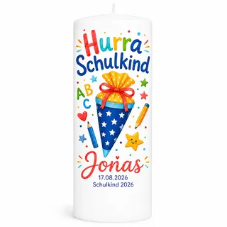 MilaBoo personalisierte Einschulungskerze 25 x 8 cm – Kerze zur Einschulung, handgemacht in Deutschland, Geschenk für Schulanfang, Schulkind Kerze in 5 Varianten (Hurra Schulkind)
