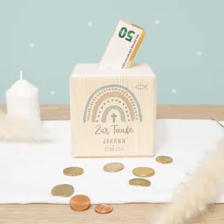 Spardose Taufe - Personalisierte Holzspardose - Geschenk zur Taufe, Taufgeschenk für Mädchen & Jungen - Sparschwein - hellomini (Regenbogen Blau)