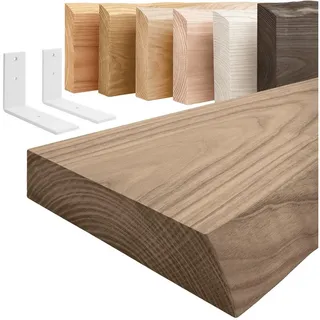 LAMO Manufaktur Wandregal Holz Baumkante Regal Farbe: Nussbaum mit weißem Basic 50 cm, Komplett-Set, 40mm stake Massivholzplatte 50 cm x 4 cm x 20 cm