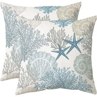 Dekorative Samtkissenbezüge, Maritimes Muster, 45 X 45 Cm, 2er-set, Strand-, Meeres-, Muschel-, Korallen- Und Seesternmotiv, Blau
