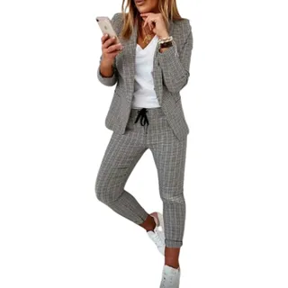 MAFLEN Damen Zweiteiler Elegant Business Karo Kariert Anzug Set Langarm Hosenanzug Blazer Hose Slimfit Anzug B,XL - XL