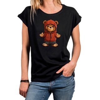 MAKAYA Print-Shirt Damen Kurzarm Teddybär coole lustige freche sexy Sommer Tops Teddy, Motiv schwarz