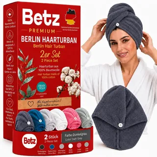 Betz Frottee Turban Berlin – 2er Set Haarturban aus 100% Baumwolle – Turban Handtuch mit Knopfverschluss – Kopfhandtuch für Damen, ideal für Bad & Wellness Farbe dunkelgrau