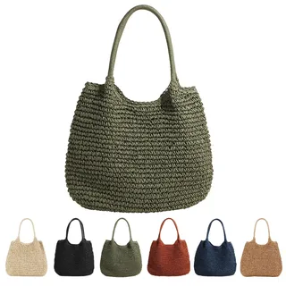 CXINLky Damen Sommer-Strohtasche, Sommer Stroh Shopper Strohtasche Große Kapazität Strandtasche Boho Geflochtene Tasche Korbtasche Tote Bag Straw Beach Bag - 47 x 37 x 2 cm