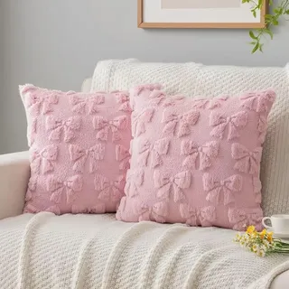 ZHYAKLD 2 Stück Schleife Kissenbezug,Kissen Aesthetic,Kissenbezug Rosa 45x45 cm mit 3D Schleifen,Plüsch Kissen,Deko Aesthetic Sofakissen für Schlafzimmer Wohnzimmer Deko (Rosa Schleife A)