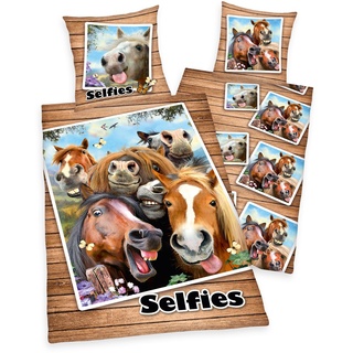 Bettwäsche Selfies Pferde, Kopfkissenbezug 80x80cm, Bettbezug 135x200cm, mit Marken-RV, Renforce