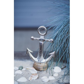 Metall Skulptur mit Holz-Fuß Silber-braun Anker 16 x 25cm Dekofigur Tisch-Deko Maritim Mediterran Meeresdeko