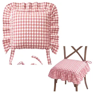 Zyronn Sitzkissen Stuhlkissen mit Volant und Bindebändern, kariert, 45×45 cm Landhaus Stuhlauflage für Esszimmer und Küche rosa