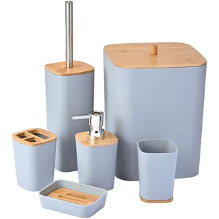 Yorkmills 6-teiliges Bambus-Badezimmer-Zubehör-Set, Badezimmer-Mülleimer und WC-Bürsten-Set, Badezimmer-Zubehör-Sets, Zahnbürstenhalter, Becher, Seifenschalenhalter, moderner Mülleimer