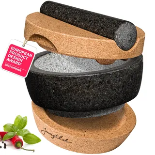 JUNGTHAL Mörser mit Stößel im Set | Granit + Kork in prämiertem Design | Natürlich, edel und 100% rutschfest | Ø 16 cm groß | Steinmörser für Kräuter und Gewürze | Mortar & Pestle