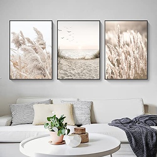 Trayosin 3er Poster Set Wandbilder Boho Pampasgras, Beige Poster Set, Bilder für Schlafzimmer und Wohnzimmer,Poster Vintage, ohne Rahmen (A,21x30cm)