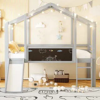 Merax Graues Kinder Hochbett 90x200 cm mit Rutsche & Leiter, Spielbett aus Holz mit Stauraum & Geländer, modernes Design