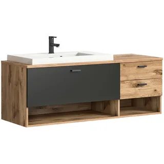Mid.you Waschtischkombi, Grau, Eiche, Metall, 2 Schubladen, 140 cm, FSC Mix, hängend, Badezimmer, Waschbecken & Armaturen, Waschtische