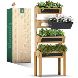 Bloomify® Vertikalbeet mit 4 Etagen aus Birkenholz – Aufbau ohne Schrauben – 4 rausnehmbare Pflanzkästen – 64×33×146 cm – schmales vertikales Hochbeet für Balkon, Terasse & Garten