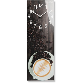 FLEXISTYLE Wanduhr Rechteckig 20 x 60 cm, aus Glas, mit Direktdruck küche modern länglich ohne tickgeräusche Kaffee KAFFEETASSE