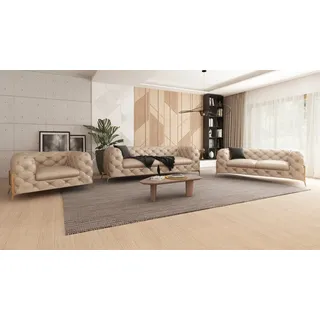 s-style möbel Chesterfield Polstergarnitur 3-Sitzer + 2-Sitzer + Sessel Jersey Beige