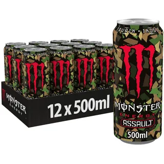 Monster Energy Assault, Energy Drink, Einweg Dose, 12 x 500 ml | Koffeinhaltiger Energy-Drink mit Cola-Bourbon-Geschmack, wie alle Monster Energy-Drinks ohne Alkohol, full Flavour