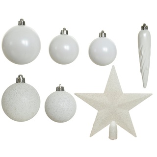 Decoris season decorations Weihnachtsbaumkugel, Weihnachtskugeln mit Christbaumstern Kunststoff winterweiss, 33er Set weiß