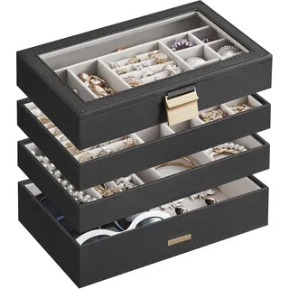 Songmics Schmuckkästchen 4 Ebenen, Schmucktablett stapelbar, Schmuckkasten groß, Schmuckbox mit Glasdeckel, 17 x 28 x 18,3 cm, Schmuckeinsatz für Schubladen, Geschenkidee, schwarz JBC164B01