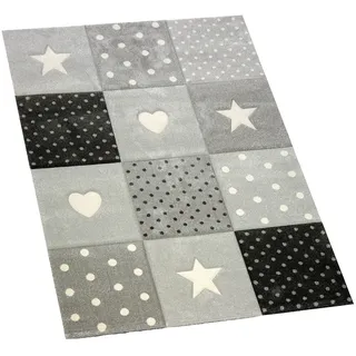 CARPETIA Kinderteppich Kinderzimmer Teppich Punkte Herz Stern Design Creme schwarz grau Größe 80x150 cm