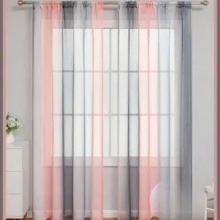 2er Set Gardinen halbtransparente Vorhänge Farbverlauf Voile Dekoschal Fensterschal Scheibengardine Schlaufengardinen Modern für Schlafzimmer und Wohnzimmer Raumteiler 100x200cm(BxL),Grau Rosa