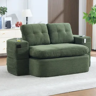 STILVORA Schlafsessel 2-in-1 mit Liegefunktion, Schlafsofa aus Cord mit verstellbaren Armlehnen, Bodensofa mit Getränkehaltern und tiefer Sitzfläche - Grün