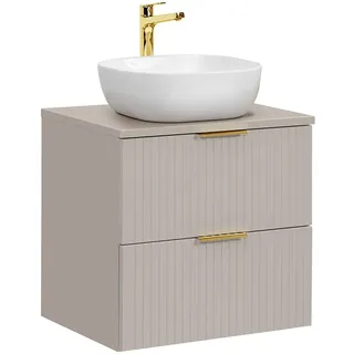 Lomadox Waschtisch ADELAIDE-56-CASHMERE, 60cm mit Keramik-Aufsatzbecken, kaschmir mit gerillter Front beige|weiß
