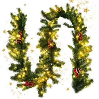 GOPLUS Weihnachtsgirlande, 270 cm Tannengirlande mit 100 LED Beleuchtung, Girlande Weihnachten Warmweiß, Weihnachtsdeko künstlich für Treppen, Kamine