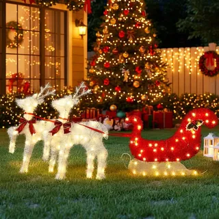 LEADZM 2-teiliges Weihnachtsbeleuchtung Rentier mit Schlitten & 135 warmweißen Lichtern, Weihnachten Deko für Außen und Innen - Weiß