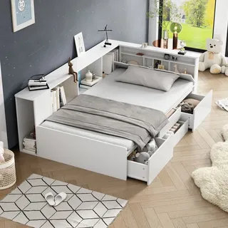 Abrihome Kinderbett 90 x 200 cm mit Schubladen, Bücherregal und Stauschrank, Bettkasten mit Stauraum, Einzelbett, Weiß - Weiß