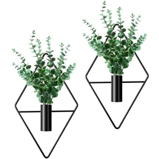 Cindeer 2 Stück Hängende Blumentöpfe mit Kunstpflanzen, Schwarz, Eukalyptus | Wandvase, Blumenampel mit Kunstpflanzen, Für Wohnzimmer und Wohnung, Moderne Geometrische Wanddeko für Innen