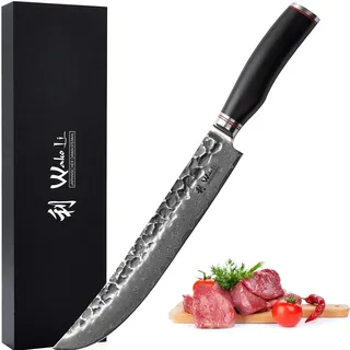 Wakoli EBO Damastmesser, Tranchiermesser, 25 cm Klinge mit VG10-Stahlkern | 67 Lagen Damaststahl, Hammerschlag, schwarzer Eichenholzgriff, beidseitiger 15° V-Schliff, für Fleisch, inklusive Geschenkbox
